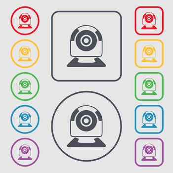 Webcam sign icon. Web video chat symbol. Camera chat. Symbols on the Round and square buttons with frame. illustration