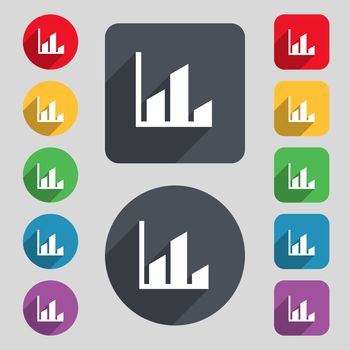 Chart icon sign. A set of 12 colored buttons and a long shadow. Flat design. illustration