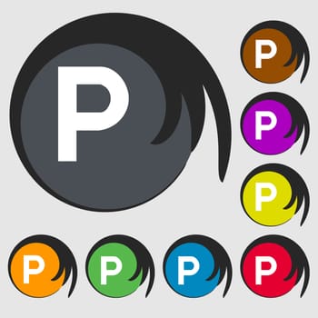 parking icon sign. Symbol on eight colored buttons. illustration