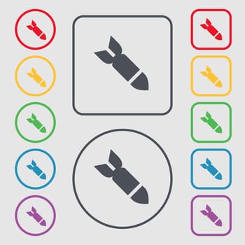 Missile,Rocket weapon icon sign. symbol on the Round and square buttons with frame. illustration