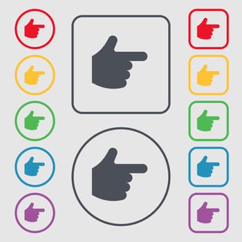 pointing hand icon sign. symbol on the Round and square buttons with frame. illustration