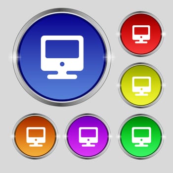 monitor icon sign. Round symbol on bright colourful buttons. illustration