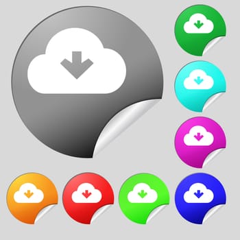 Download from cloud icon sign. Set of eight multi-colored round buttons, stickers. illustration