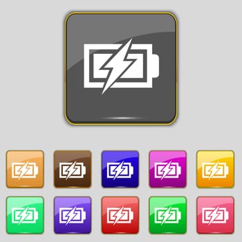 Battery charging sign icon. Lightning symbol. Set of colour buttons. Modern interface website button illustration