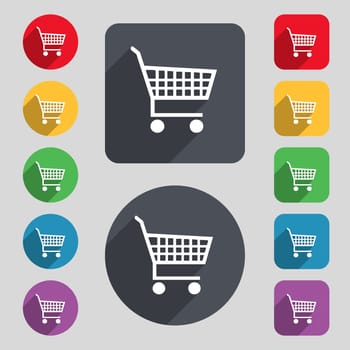 shopping cart icon sign. A set of 12 colored buttons and a long shadow. Flat design. illustration