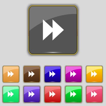 rewind icon sign. Set with eleven colored buttons for your site. illustration
