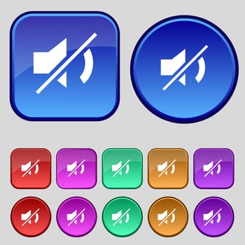 Mute speaker sign icon. Sound symbol. Set colourful buttons. illustration