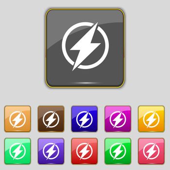 Photo flash sign icon. Lightning symbol. Set of colour buttons. illustration