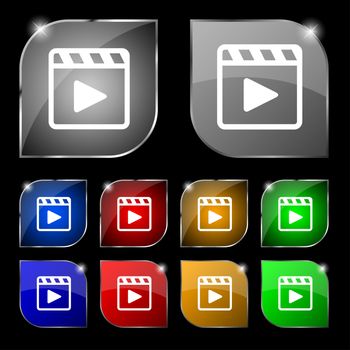 Play video icon sign. Set of ten colorful buttons with glare. illustration