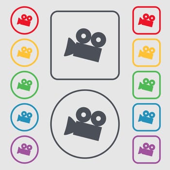 Video camera sign icon. content button. Symbols on the Round and square buttons with frame. illustration