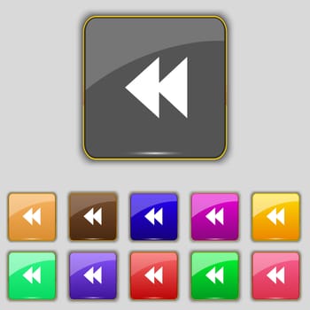 rewind icon sign. Set with eleven colored buttons for your site. illustration