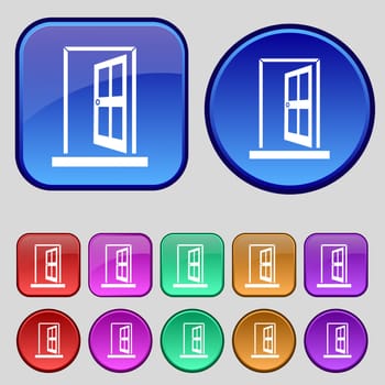 Door, Enter or exit icon sign. A set of twelve vintage buttons for your design. illustration