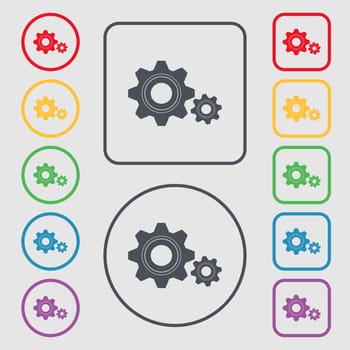 Cog settings sign icon. Cogwheel gear mechanism symbol. Symbols on the Round and square buttons with frame. illustration