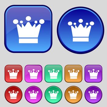 Crown icon sign. A set of twelve vintage buttons for your design. illustration