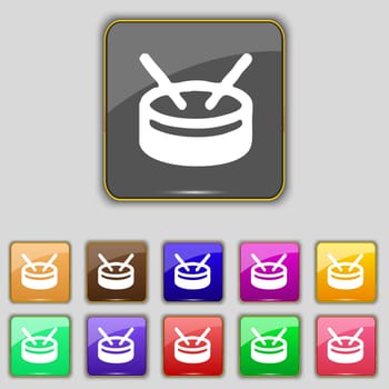 drum icon sign. Set with eleven colored buttons for your site. illustration