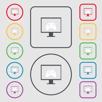 Joystick and monitor sign icon. Video game symbol. Symbols on the Round and square buttons with frame. illustration