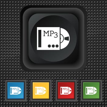 mp3 player icon sign. symbol Squared colourful buttons on black texture. illustration