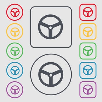 Steering wheel icon sign. symbol on the Round and square buttons with frame. illustration