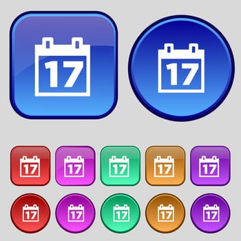 Calendar, Date or event reminder icon sign. A set of twelve vintage buttons for your design. illustration