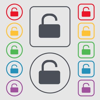 Open Padlock icon sign. symbol on the Round and square buttons with frame. illustration