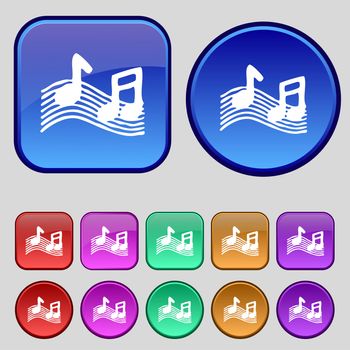 musical note, music, ringtone icon sign. A set of twelve vintage buttons for your design. illustration