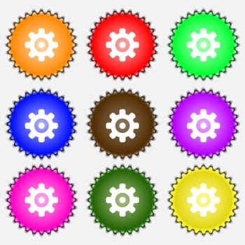 Cog settings, Cogwheel gear mechanism icon sign. A set of nine different colored labels. illustration 