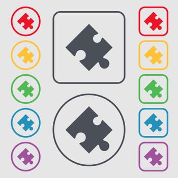 Puzzle piece icon sign. Symbols on the Round and square buttons with frame. illustration