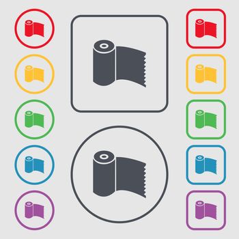 Toilet paper, WC roll icon sign. Symbols on the Round and square buttons with frame. illustration