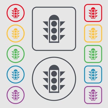 Traffic light signal icon sign. Symbols on the Round and square buttons with frame. illustration