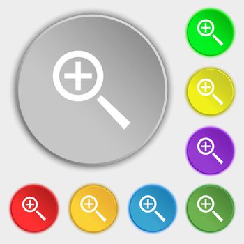 Magnifier glass, Zoom tool icon sign. Symbols on eight flat buttons. illustration