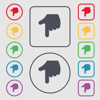 pointing hand icon sign. symbol on the Round and square buttons with frame. illustration