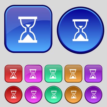 Hourglass, Sand timer icon sign. A set of twelve vintage buttons for your design. illustration
