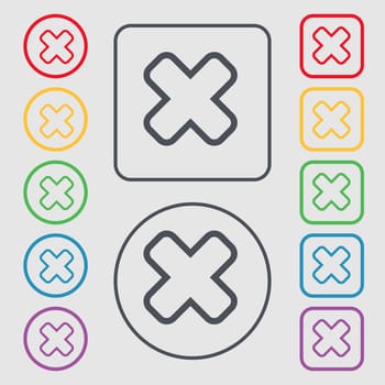 Cancel icon sign. symbol on the Round and square buttons with frame. illustration