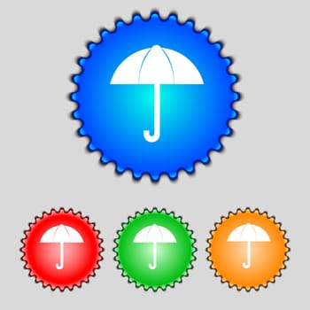 Umbrella sign icon. Rain protection symbol. Set colourful buttons. illustration