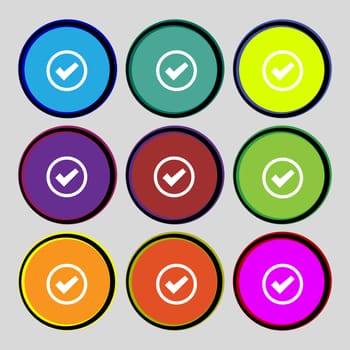 Check mark sign icon . Confirm approved symbol. Set colourful buttons. illustration