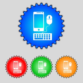 smartphone widescreen monitor, keyboard, mouse sign icon. Set colourful buttons illustration