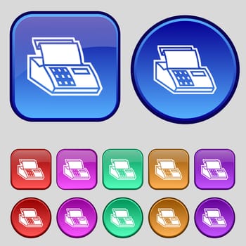 Cash register machine icon sign. A set of twelve vintage buttons for your design. illustration