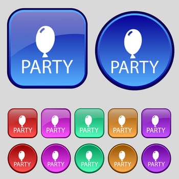 Party sign icon. Birthday air balloon with rope or ribbon symbol. Set of colored buttons. illustration