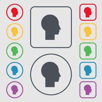 User sign icon. Person symbol. Set colourful buttons. Symbols on the Round and square buttons with frame. illustration