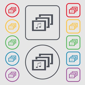 Mp3 music format sign icon. Musical symbol. Symbols on the Round and square buttons with frame. illustration