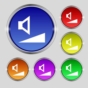 volume, sound icon sign. Round symbol on bright colourful buttons. illustration