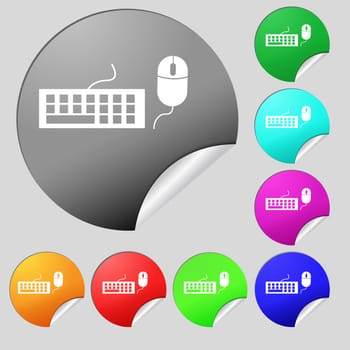 Computer keyboard and mouse Icon. Set of eight multi colored round buttons, stickers. illustration