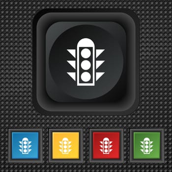 Traffic light signal icon sign. symbol Squared colourful buttons on black texture. illustration