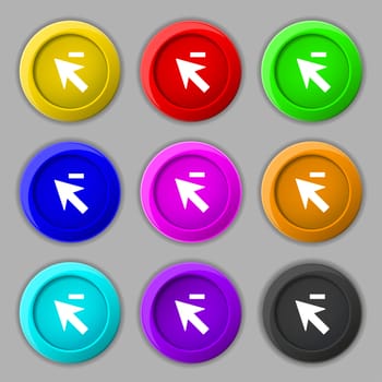 Cursor, arrow minus icon sign. symbol on nine round colourful buttons. illustration