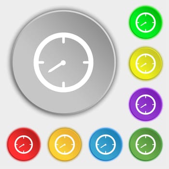 Timer sign icon. Stopwatch symbol.. Symbols on eight flat buttons. illustration
