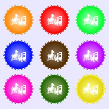 musical note, music, ringtone icon sign. A set of nine different colored labels. illustration