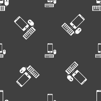 smartphone widescreen monitor, keyboard, mouse sign icon. Seamless pattern on a gray background. illustration