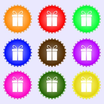 Gift box sign icon. Present symbol. A set of nine different colored labels. illustration