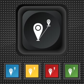 Map pointer icon sign. symbol Squared colourful buttons on black texture. illustration