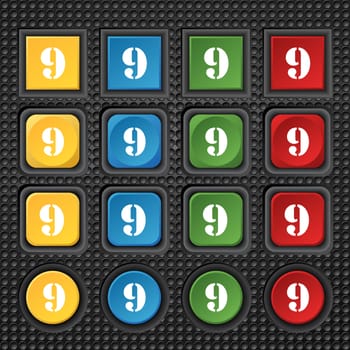 number Nine icon sign. Set of coloured buttons. illustration